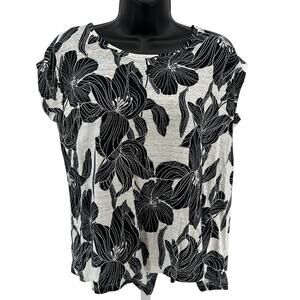 Tahari Linen Blouse WMNS S Black White Floral Cap Sleeve Round Neck Button Back